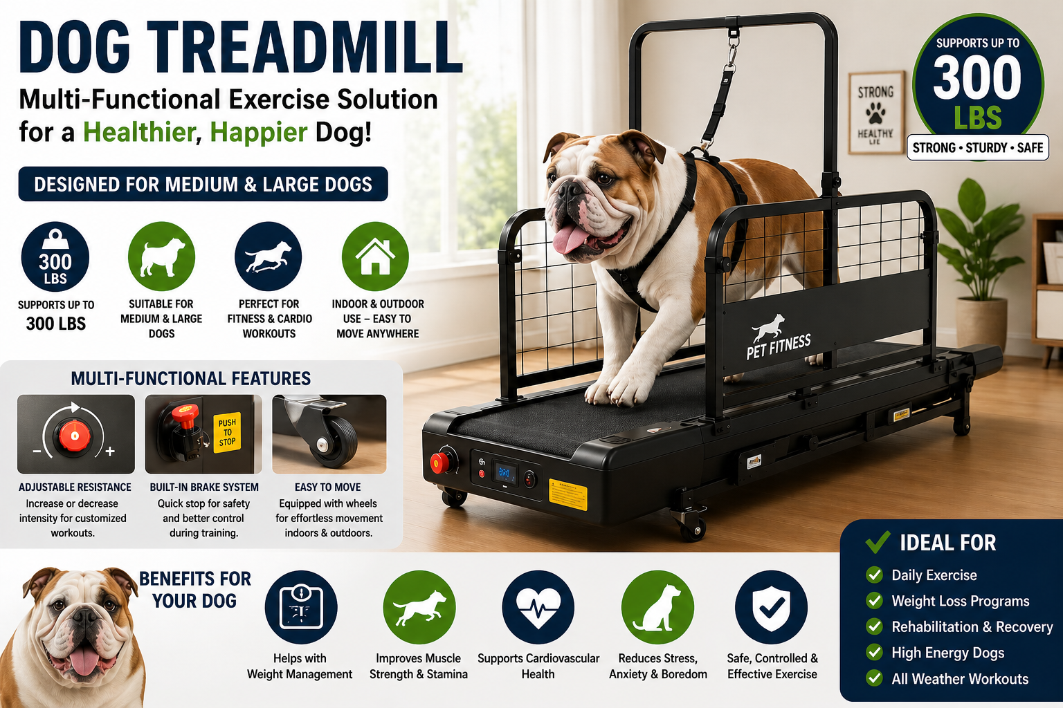 Multi-Functional Dog Treadmill for Large & Medium Dogs with Brake