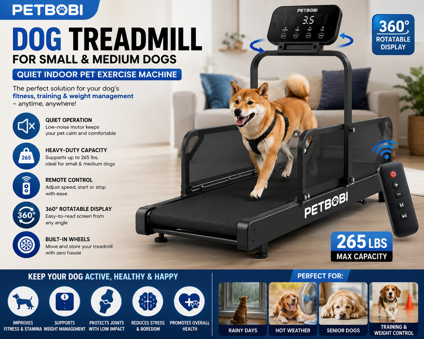 Dog Treadmill with 360° Rotatable Display, Remote Control & Wheels