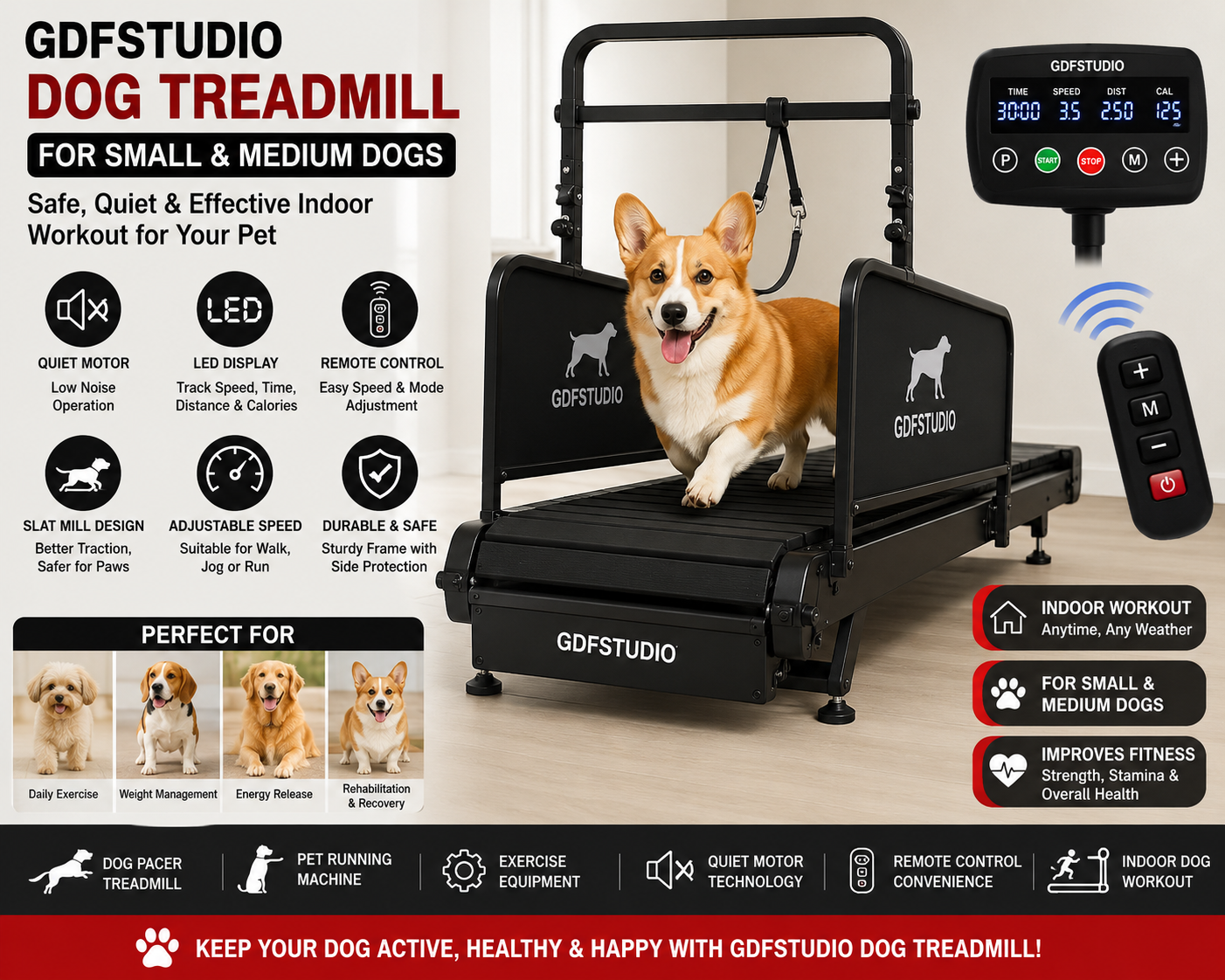GDFStudio Dog Treadmill for Small & Medium Dogs