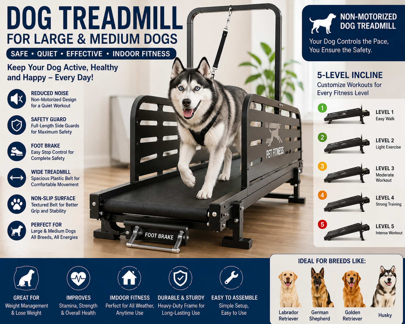 Non-Motorized Dog Treadmill with Wide Plastic for large Dogs
