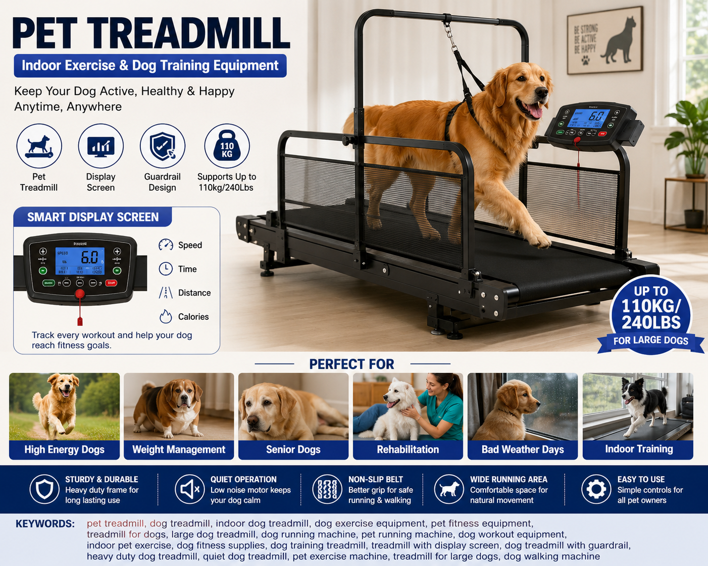 Dog Treadmill with Display Screen and Guardrail